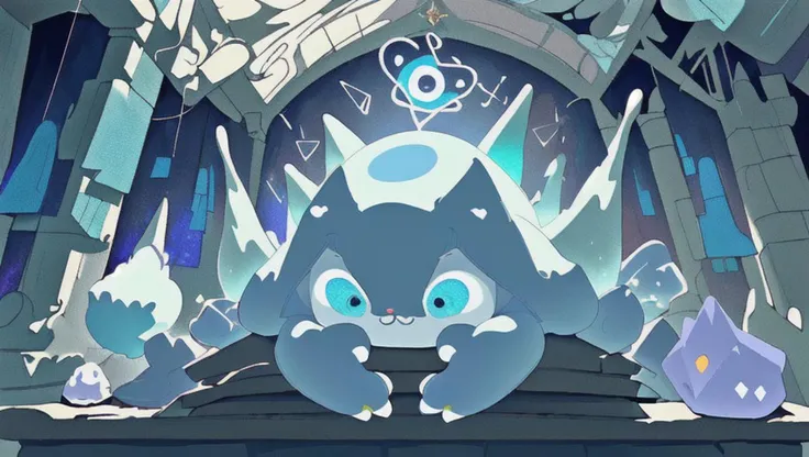 (cute:1.25) monster or ghost or animal figurines and geometric shapes floating in the air over sleeping human in vaulted stone hall with dramatic tapestries (magic:1.35), (fantastic:1.2), painting, (size changes:1.3), (color changes:1.5)