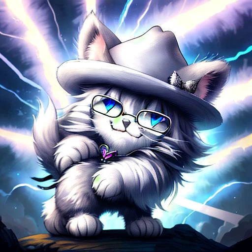 Silver maincoon kitten, background is a lightning sky, holding a heart say "404", cartoon, cat with glasses and Western hat, grin, cute, sign say "404"