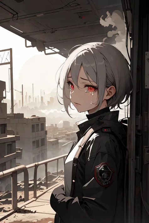 masterpiece, best quality, high contrast, 1girl, solo, soft light, sharp focus, girl in a field of smoke, smoke, dust, shining eyes, red eyes, dystopia, technology, metal, short hair, crying, destruction, hurt, picture of a lonely girl in a dystopian city after war, tragic, wallpaper, report, journalist