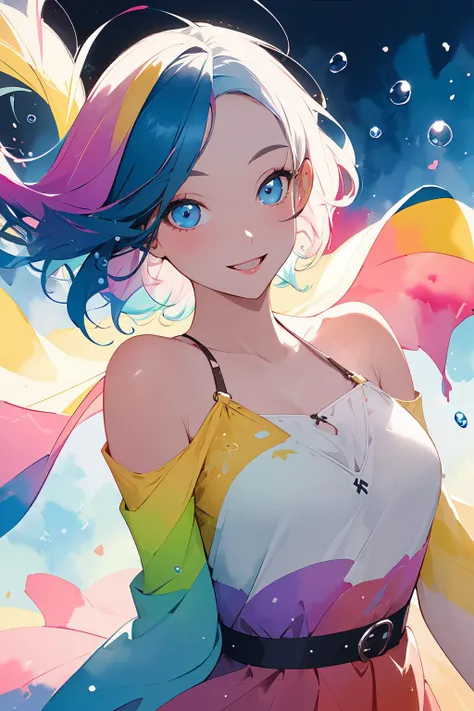 masterpiece, best quality, high contrast, 1girl, solo, soft light, sharp focus, paint droplets, colorful, picture of a girl with a bright smile, hard lighting, watercolor, short hair, happy, summer dress, dreamlike, colorful hair, colorful eyes, rainbow, color mixture