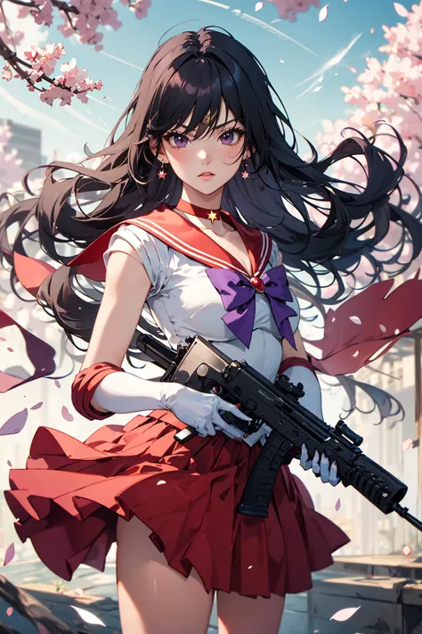 ((masterpiece)), (best quality), official art, extremely detailed CG, unity 8k wallpaper, ultra detailed, highly detailed,
sama1, tiara, sailor senshi uniform, white gloves, red sailor collar, red skirt, star choker, elbow gloves, pleated skirt, bare legs, purple bow, <lora:sailor_mars_v1:0.7>,
outdoors, cherry blossoms, petal, wind,
standing, holding gun, futuristic gun,