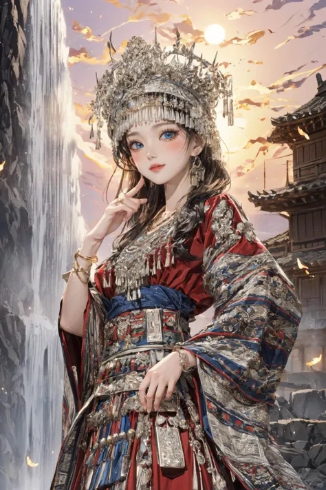 Highest picture quality), (ultra-detailed), (sharp focus), (close-up), (depth of field:1.3), RAW, realistic, (colorful, vivid colors:1.1), (masterpiece), (best quality), photorealistic, absurdres, (highres), BREAK, (1girl), solo, looking at viewer, 20 years old, (detailed skin, detailed face, detailed intricate iris, nice hands, perfect hands:1.3), (intricate details), (maximum details), (delicate), (hand of Guido Daniele:1.4), BREAK, (beautiful detailed glow:1.2), (cinematic lighting), (rim lighting:1.4), (two tone lighting:1.3), (reflection, refraction:1.2), (Rembrandt lighting:1.4), (Rule of thirds:1.3), (light play, shadow play:1.3), (glamour photography, cinematic, film grai, anime aesthetic), (diffused lighting, bokeh, lens flare, light particles:1.2), (dynamic lighting), ray tracing, volumetric lighting, (dramatic lighting), (explosive light and shadow:1.2), (Dynamic Pose, Dynamic Angle:1.2), (moody lighting), BREAK, (miaoyuansu:1.2), (jumping:1.5), open mouth, (happy:1.3), flower, leaf, bamboo, sky, fireworks, (mist:1.2), starry sky, moon, (firefly, water, sunset:1.4), outdoors, (waterfall:1.3), skinny, dream like, long hair, hat, hair ornament, hair ribbon, headgear,earrings, necklace, bracelet, long sleeves, traditional clothes, makeup, jewelry, tassel, gem, cowboy shot, Miao girl dancing gracefully in the enchanting light of the setting sun, adorned in a traditional Miao outfit with meticulous silver headdress featuring intricate handcrafted patterns, vibrant and elaborately embroidered clothing, an array of ornate jewelry adorned with silver coins, landscape, (from below:1.2), (blue eyes:1.4), Perspective, glowing, (wide shot, wide-angle lens, Panoramic:1.2), blurry, blurry foreground, the_best_light, blurry background, (thin, narrow waist, medium breasts, blush:1.2), (dynamic action, motion blur:1.4), (soft light passing through hair, light patterns on skin:1.2), (human anatomy, golden ratio:1.1), BREAK, <lora:GoodHands-beta2:1>, <lora:neg4all_bdsqlsz_V3.5:1>, <lora:epiNoiseoffset_v2-pynoise:2>, <lora:add_detail:0.4>, <lora:more_details:0.4>, <lora:makina69_winter_v2.0.ß1:0.3>, <lora:nevon:0.2>, <lora:FilmVelvia3:0.2>, <lora:hipoly_3dcg_v7-epoch-000012:0.2>, <lora:egyiren-v1:0.3>, egyiren, <lora:miaoyuansu-000010:0.85>