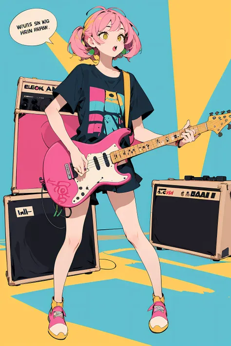 1girl,skinny body,long legs,(flat color:1.5),clear,(bright colors),vivid colors,illustration,(pink,green,yellow),
BREAK
play the electric guitar,sing a song,(open mouth:0.3),BIG speech bubble,
pop style,((t-shirt),BIG kanji text print),miniskirt, pastel colors,delicate accessories,
A large guitar amp is placed in the background,abstract linear pattern,microphone stand,