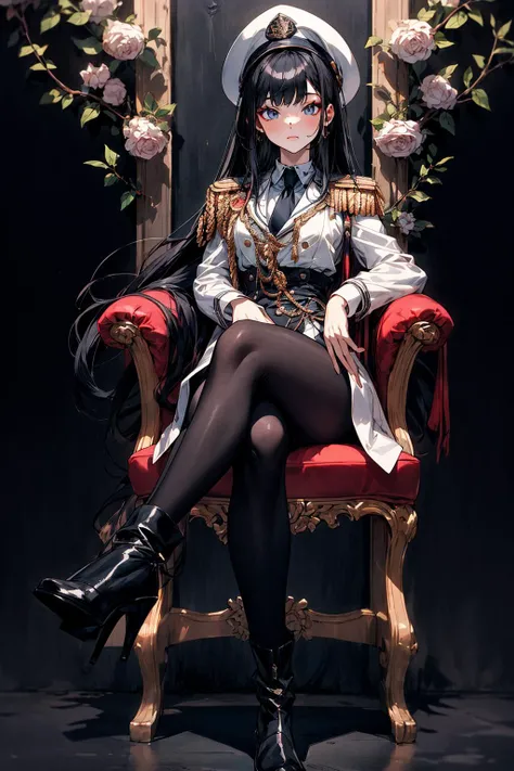 absurdres , highres, ultra detailed, (14yo 1girl:1.4), BREAK, small breasts, black hair, very long hair, (straight hair:1.4), blunt bangs, pale skin, hime cut, BREAK, white clothes, military uniform, military hat, epaulettes, aiguillette, black high heel boots, BREAK, full body, crossed legs, happy, BREAK, floral background, simple background, flower, BREAK, <lora:add_detail:1>, <lora:GoodHands-vanilla:1>, <lora:Silicon-landscape-isolation:1>