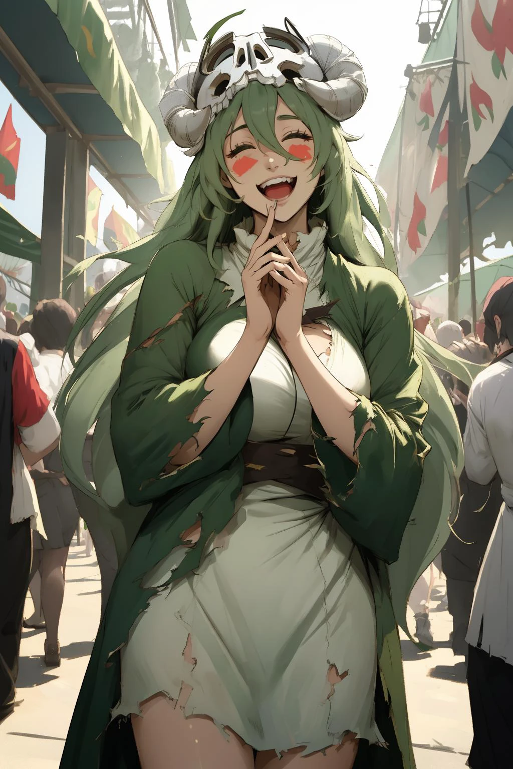 <lora:Neliel1e-4:0.8> neliel, (festival:1.2), laugh512, green clothes, torn clothes, outdoors, crowd,bokeh,, (masterpiece, best quality,highres, perfect hands)
