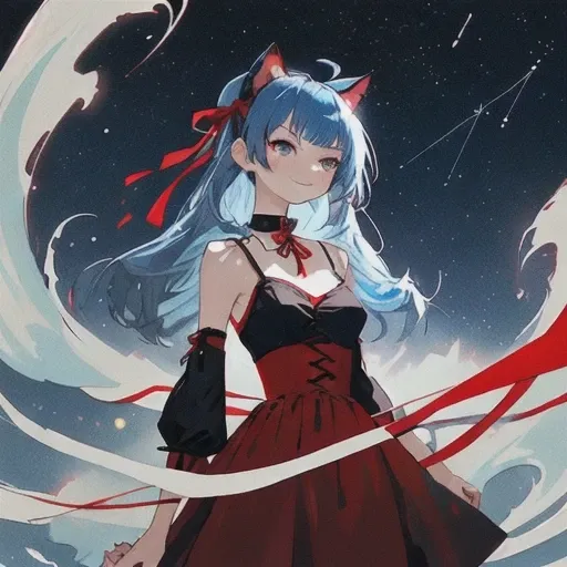 adult, 24 years old, neko, blue hair, side bangs, sfw, masterpiece, best quality, 1girl, solo, standing, looking up, presenting, detail face,small breasts, red ribbon, smirk, black dress, detached sleeves, collar, jingle bell, starry sky background