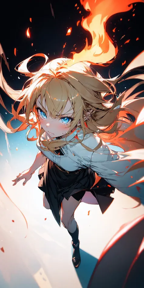 (masterpiece:1.1), (1 anime girl:1.1), high resolution, high contrast, (slow motion:1.3), vivid color, soft lighting, glowing skin, a girl on battle field,(close battle:1.2), beautifuldetailedeyes, eye contact, an extremely delicate and beautiful art, maxi length skirt with slit on one side only,full body,multiple rays and particles, cast a flame magic,from above,One girl is a light blonde hair red dyed ends ,annoyed