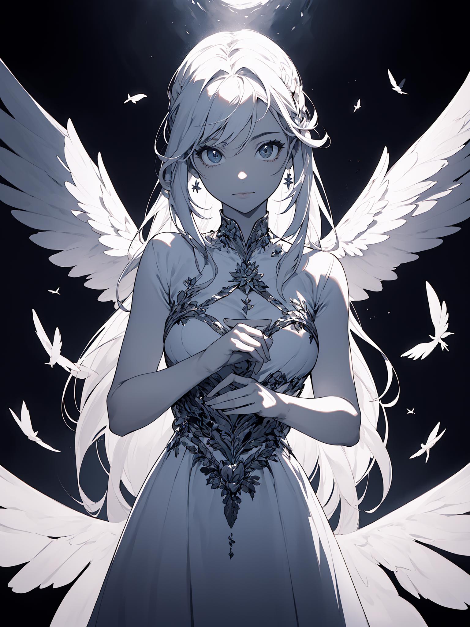 A woman with white hair and wings holding a bird - SeaArt AI