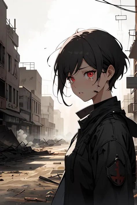 masterpiece, best quality, high contrast, 1girl, solo, soft light, sharp focus, girl in a field of smoke, smoke, dust, shining eyes, red eyes, dystopia, technology, metal, short hair, crying, destruction, hurt, picture of a lonely girl in a dystopian city after war, tragic, wallpaper, report, journalist