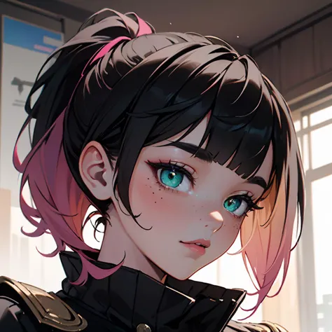 highres, masterpiece, perfect lighting, bloom, cinematic lighting, adult, female, looking at viewer, (RSEEmma:1.5),<lora:RSERomantic_RSESofiko_RSEEmma-v1:0.3>, side-swept bangs, black hair, pink IncursioDipDyedHair, messy mid ponytail, green eyes, thick eyebrows, freckles, <lora:DipDyedHair:1>