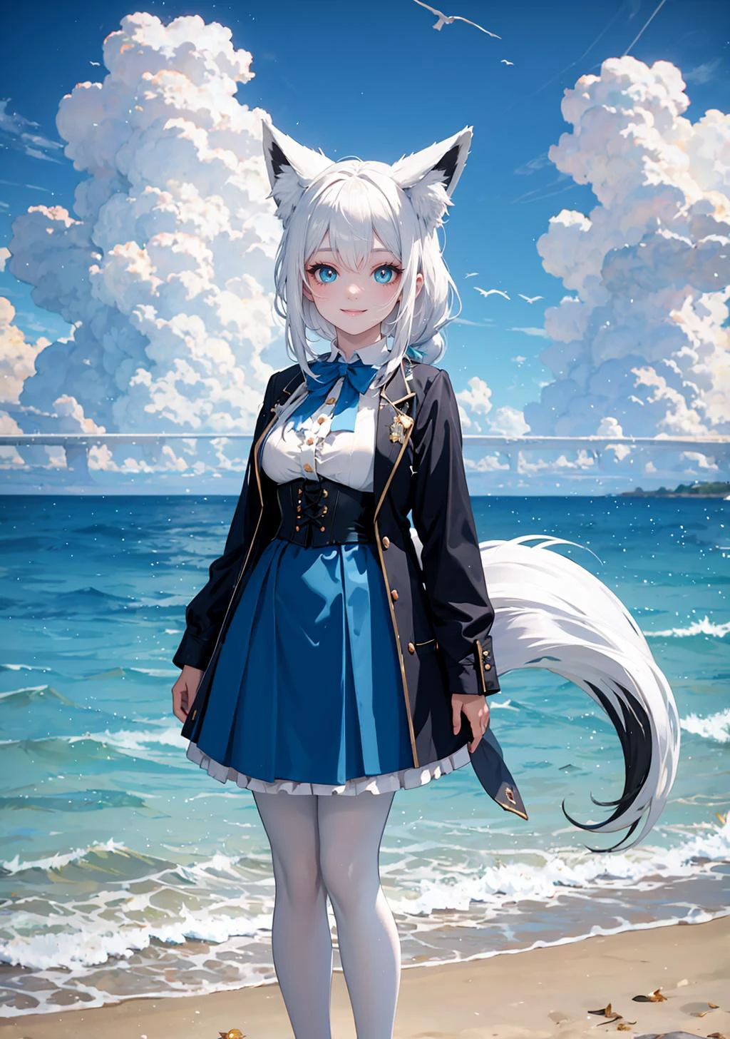 (masterpiece,best quality:1.4), high resolution, Front face lighting
xray girl, full body, little body, cute woman, highlight, fantasy scenery,
smile,
shiny skin, shiny hair, large breasts,
(fox tail:1.2)
fubukielegant, (braided ponytail), blue coat, blue bowtie, buttoned corset, collared shirt, long skirt, grey skirt, frills, (white pantyhose:1.4), white hair
outdoors, fantasy_cloud, scenery, sky, fantasy_ocean, day, watercraft, beach, water, horizon, fantasy cloudy sky, blue sky, sand, bird,
<lora:light powder:0.7>
<lora:fubuki:0.5>