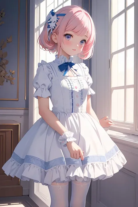 (masterpiece, best quality), 1girl, blue and white frill dress, (white stockings), pink hair, cute face, standing, indoor, intricate detail, sunlight,
