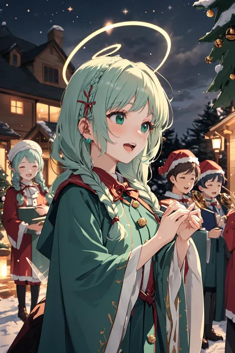 (depth of field:1.4),(blur:1.3),(dark:1.4),(very detailed:1.4),(high resolution:1.1), (Carolers spreading cheer with harmonious melodies in the neighborhood.:1.3) BREAK
1girl,(Sea green Halo Braid with Gem Hairpins:1.3) BREAK