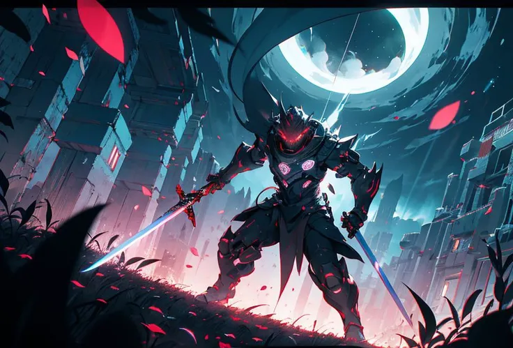 masterpiece, best quality, light particle, depth of field, field, scenery, fantasy, blue light, (far away:1.1), no humans, pastel colors, chromatic aberration abuse, glow in the dark
dark ,cloudy sky, space, red aura, aura, cinematic, dark atmosphere, night , dark hole, glowing eyes, red light, illumination, sword, floating object, monster, fighting stance, light rays,
eye in the sky, (grass:0.9), falling petals,