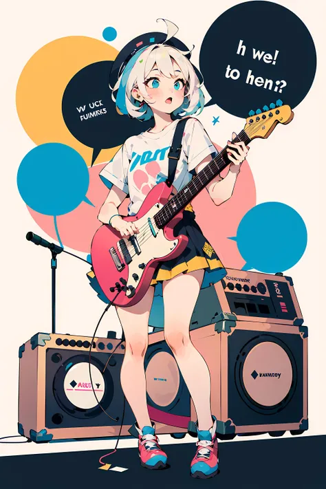 1girl,skinny body,long legs,(flat color:1.5),clear,(bright colors),vivid colors,illustration,(pink,green,yellow),
BREAK
play the electric guitar,sing a song,(open mouth:0.3),((BIG speech bubble)),
pop style,((t-shirt),BIG kanji text print),miniskirt, pastel colors,delicate accessories,
A large guitar amp is placed in the background,abstract linear pattern,((microphone stand in front)),
(dynamic angle:1.0),wide shot,white background,
