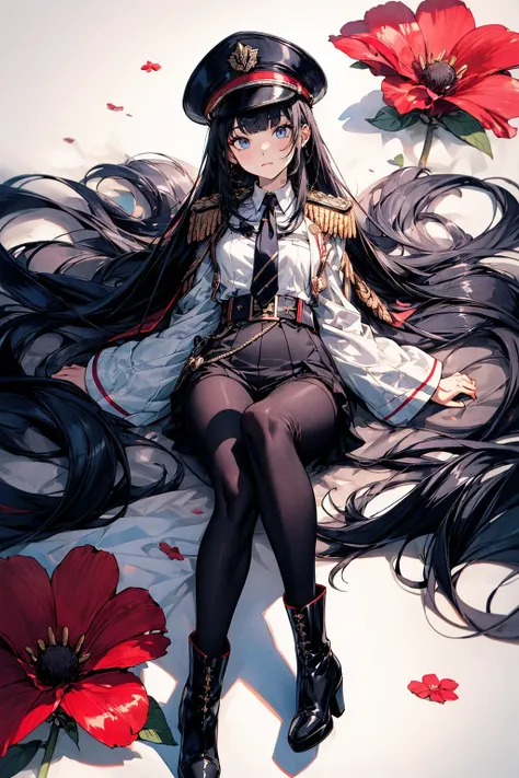 absurdres , highres, ultra detailed, (14yo 1girl:1.4), BREAK, small breasts, black hair, very long hair, (straight hair:1.4), blunt bangs, pale skin, hime cut, BREAK, white clothes, military uniform, military hat, epaulettes, aiguillette, black high heel boots, BREAK, full body, lying, happy, BREAK, floral background, simple background, flower, BREAK, <lora:add_detail:1>, <lora:GoodHands-vanilla:1>, <lora:Silicon-landscape-isolation:1>