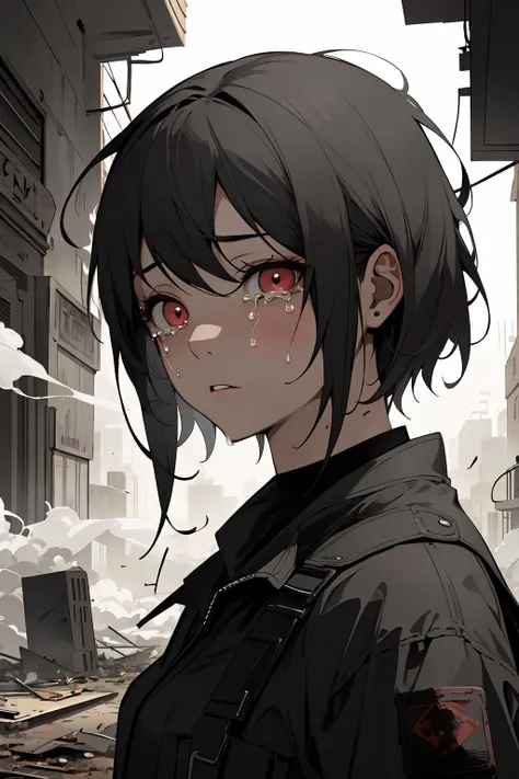masterpiece, best quality, high contrast, 1girl, solo, soft light, sharp focus, girl in a field of smoke, smoke, dust, shining eyes, red eyes, dystopia, technology, metal, short hair, crying, destruction, hurt, picture of a lonely girl in a dystopian city after war, tragic, wallpaper, report, journalist