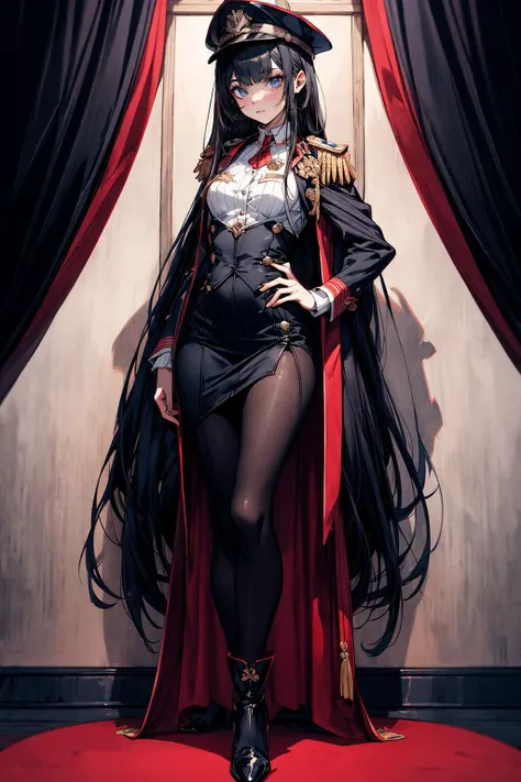 absurdres , highres, ultra detailed, (14yo 1girl:1.4), BREAK, small breasts, black hair, very long hair, (straight hair:1.4), blunt bangs, pale skin, hime cut, BREAK, white clothes, military uniform, military hat, epaulettes, aiguillette, black high heel boots, BREAK, full body, prostration, happy, BREAK, floral background, simple background, flower, BREAK, <lora:add_detail:1>, <lora:GoodHands-vanilla:1>, <lora:Silicon-landscape-isolation:1>