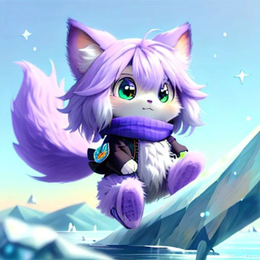 ral-fluff,<lora:ral-fluff:1>,
chibi,masterpiece,best quality,original,official art,maincoon cat,purple scarf,grass,blurred background,cartoon rendering,beautiful detailed glow,(detailed ice),beautiful detailed water,and I want the Disney Pixar style in a white background painted by watercolor 3DAnimationStyle,