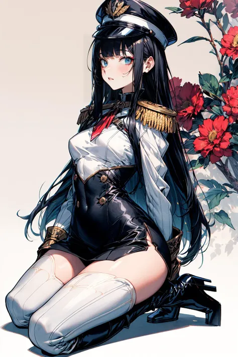 absurdres , highres, ultra detailed, (14yo 1girl:1.4), BREAK, small breasts, black hair, very long hair, (straight hair:1.4), blunt bangs, pale skin, hime cut, BREAK, white clothes, military uniform, military hat, epaulettes, aiguillette, black high heel boots, BREAK, full body, kneeling, happy, BREAK, floral background, simple background, flower, BREAK, <lora:add_detail:1>, <lora:GoodHands-vanilla:1>, <lora:Silicon-landscape-isolation:1>