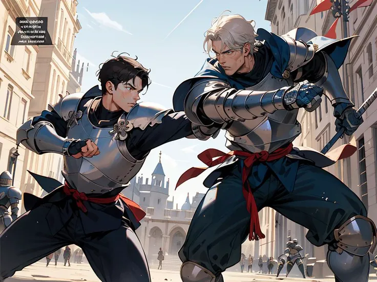 graphic novel from the year 2000,dynamic angle,best quality,masterpiece,intricate details,combat (2boy Tournament of knights in royal court.),