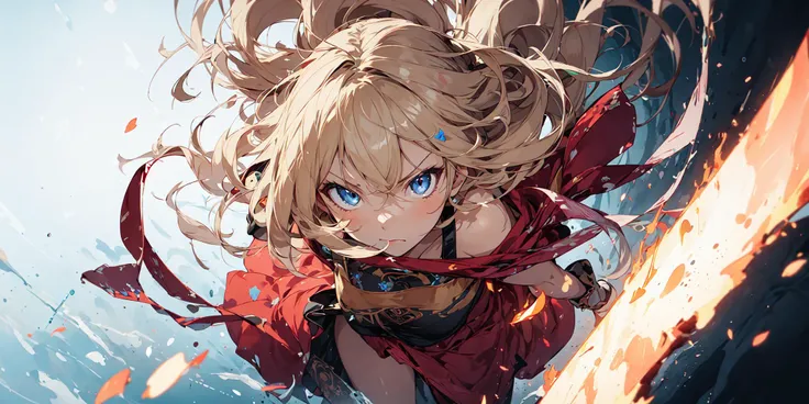 (masterpiece:1.1), (1 anime girl:1.1), high resolution, high contrast, (slow motion:1.3), vivid color, soft lighting, glowing skin, a girl on battle field,(close battle:1.2), beautifuldetailedeyes, eye contact, an extremely delicate and beautiful art, maxi length skirt with slit on one side only,full body,multiple rays and particles, cast a flame magic,from above,One girl is a light blonde hair red dyed ends ,annoyed