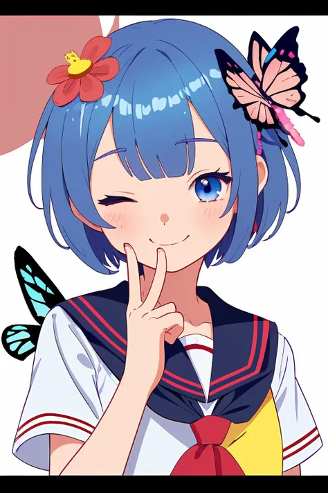 1girl,flower,one eye closed,solo,hair ornament,hair flower,smile,bug,v,butterfly,red flower,sailor collar,looking at viewer,upper body,blush,short sleeves,blue eyes,school uniform,closed mouth,blue hair,bangs,hand up,short hair,shirt,yellow flower,;),white shirt,serafuku,pink flower,blue butterfly,neckerchief,red sailor collar,
<lora:v_over_mouth:0.8>,v over mouth,