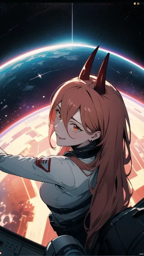 8k, Cinematic Lighting, Shadows, CG, ultrarealistic, absurdres, official art, 1girl,  corneo_power, two red horns, light smile, skinny, thin waist, looking afar, helmet, spacesuit, spaceship, cockpit, (wide angle view:1.5), (point-of-view:1.5),  solo,  ((space,  galaxy)),  <lora:csm_anime_style_offset:0.6>,  <lora:GoodHands-vanilla:1>