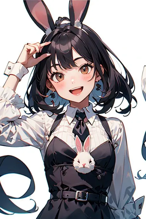 (1 little girl:1.3), smile, open mouth, (Lop rabbit:1.4), white background