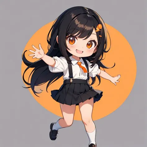 chibi, black bob hair, she wear school uniform, full body, smile, simple background,
1 girl,solo,orange eyes,happy,brown hair, long hair, bangs, hair_ornament, puffy_sleeves, shirt, short_sleeves, suspenders