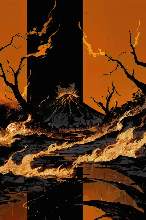 <lora:wrenchwhispersofzen:1>wrenchwhispersofzen, <lora:wrenchgeometricgalore:1>wrenchgeometricgalore
BREAK
path leading to a distant volcano, ash, burnt earth, charred trees and vegetation, rivers of flowing lava, smoke and soot, central path leading to volcano
BREAK
fiery orange smokey sky, evil sky, apocalyptic atmosphere, realistic 4k fire, reflections