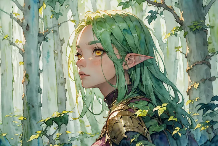 absurdres, highres, ultra detailed, evil elven woman, poison ivy, gloomy forest, painting, unique, dangerous, eerie, (watercolor \(medium\), drawing, IrisCompiet:1.2), <lora:IrisCompietStyle:0.7>,