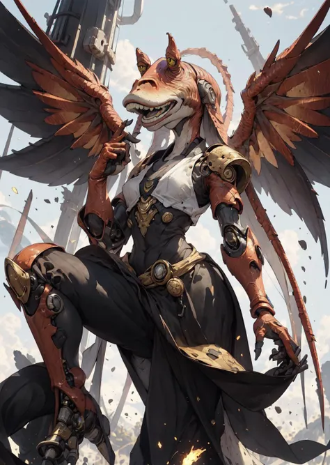 masterpiece, best quality, jar jar binks, Beautiful Art Style, 1girl, young woman, food on head, shaky, court, horns pose, <lora:wrenchsmechs:1> wrenchsmechs, glowing, rainbow mecha, halo, mechanical wings, long hair, <lora:jarJarBinksGunganStar_v3:0.6>