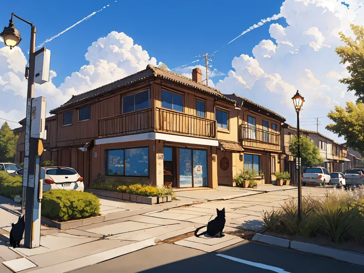 masterpiece, best quality, outdoors, sky, no humans, window, cat, building, scenery, road, lamppost, street