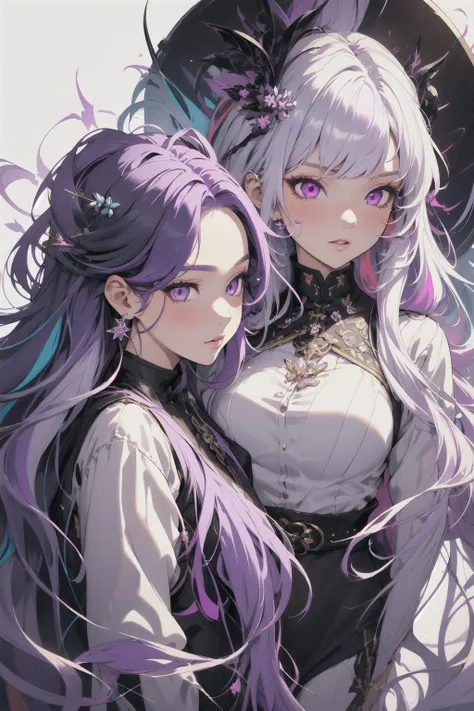 <lora:neg4all_bdsqlsz_V3.5:1> 2girls, long hair, detailed multicolored hair, white hair, purple hair, detailed black eyes, ((highly detailed eyes)), detailed face, beautiful face, masterpiece, high quality, high detail, artistic background, front view,