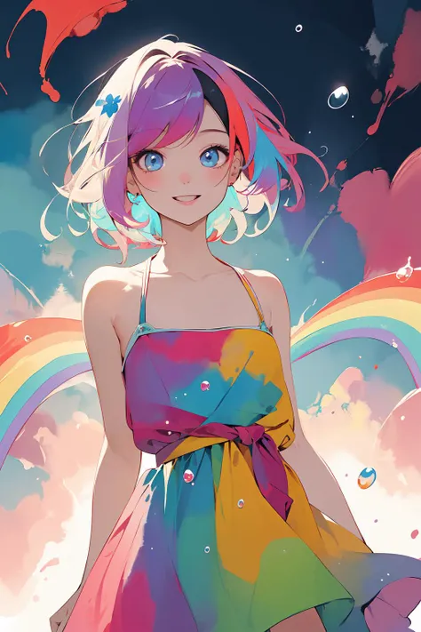masterpiece, best quality, high contrast, 1girl, solo, soft light, sharp focus, paint droplets, colorful, picture of a girl with a bright smile, hard lighting, watercolor, short hair, happy, summer dress, dreamlike, colorful hair, colorful eyes, rainbow, color mixture