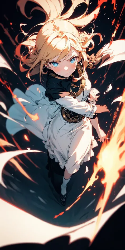 (masterpiece:1.1), (1 anime girl:1.1), high resolution, high contrast, (slow motion:1.3), vivid color, soft lighting, glowing skin, a girl on battle field,(close battle:1.2), beautifuldetailedeyes, eye contact, an extremely delicate and beautiful art, maxi length skirt with slit on one side only,full body,multiple rays and particles, cast a flame magic,from above,One girl is a light blonde hair red dyed ends ,annoyed