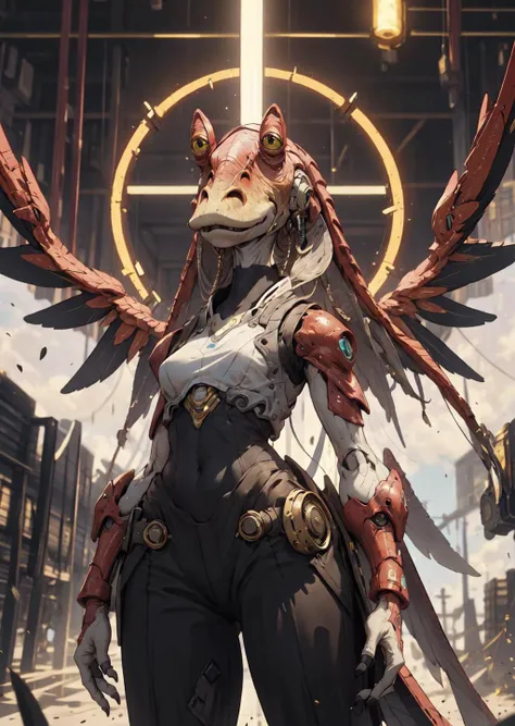 masterpiece, best quality, jar jar binks, erection, large penis, large testicles, cock sheath, dark testicles, pink penis, Beautiful Art Style, 1girl, young woman, lace-up legwear, graceful, space, arms behind head, <lora:wrenchsmechs:1> wrenchsmechs, glowing, rainbow mecha, halo, mechanical wings, long hair, <lora:jarJarBinksGunganStar_v3:0.6> <lora:Erect Horse Penis v7.7:1>