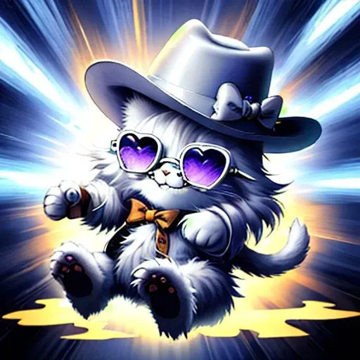 Silver maincoon kitten, background is a lightning sky, holding a heart say "404", cartoon, cat with glasses and Western hat, grin, cute, sign say "404"