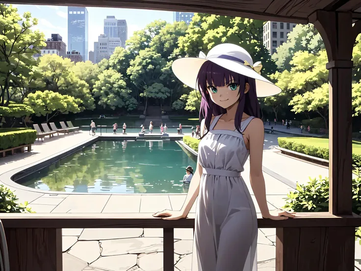 1girl, <lora:yuri-angelbeats:0.75> yuri makamura, purple hair, medium hair, green eyes, spaghetti top white sundress, <lora:seeThroughSilhouette_v11:1>, see through silhouette, straw hat, central park, smug, smirk, sandals, looking at viewer, sun ray, outdoors