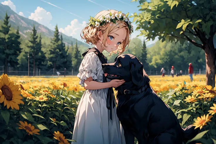 absurdres , highres, ultra detailed, ( 1girl:1.3) (leaning oversized animal 1dog:1.2), BREAK, a minigirl, blonde hair, clear blue eyes, french braid, parted bangs, forehead, rococo white dress, silk gloves, bonnet, BREAK, a black dog, yellow eyes, Decorated, head wreath, looking at another, BREAK, flower field, BREAK, <lora:add_detail:0.4>, <lora:Silicon-landscape-isolation:1>, <lora:GoodHands-vanilla:1>,