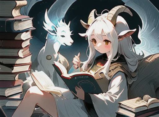 a goat girl reads book filled with spirits and magic