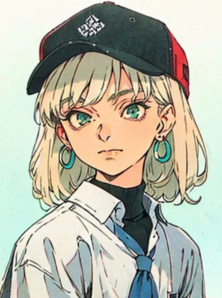 puparia style, anime screencap, 1990s_\(style\),(((old school style))),
masterpiece, best quality,
1girl, aqua eyes, baseball cap, blonde hair, closed mouth, earrings, green background, hat, hoop earrings, jewelry, looking at viewer, shirt, short hair,
(((simple background))), solo,upper body, ((school uniform )),<lora:puparia_style_offset:1.25>