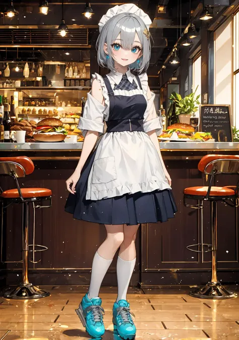 masterpiece,best, quality, high resolution, light particles,
1girl, full body, highlight, fantasy scenery,
smile,
short hair two side up
shiny skin, shiny hair, small breasts,
kaga sumire, cyan eyes grey hair earrings jewelry
<lora:kaga_sumire_v1:0.7>
indoors, restaurant, alcohol, food, hamburger, headwear, visor cap, apron, skirt, thighhighs, roller skates, footwear, shoes, sneakers, socks
<lora:light powder:0.7>
<lora:west:0.5>