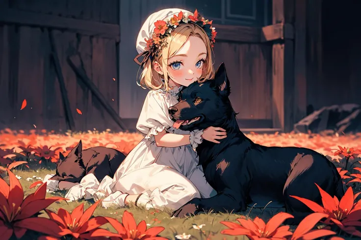 absurdres , highres, ultra detailed, (child 1girl:1.3) (leaning oversized animal 1dog:1.2), BREAK, a minigirl, blonde hair, clear blue eyes, french braid, parted bangs, forehead, rococo dress, silk gloves, bonnet, kneeling, BREAK, a black dog, yellow eyes, Decorated, head wreath, BREAK, flower field, BREAK, <lora:add_detail:0.4>, <lora:Silicon-landscape-isolation:1>, <lora:GoodHands-vanilla:1>,