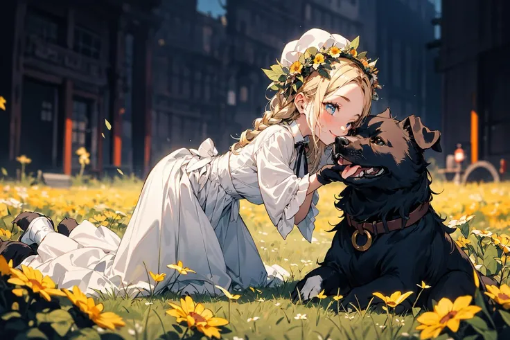 absurdres , highres, ultra detailed, (child 1girl:1.3) (leaning oversized animal 1dog:1.2), BREAK, a minigirl, blonde hair, clear blue eyes, french braid, parted bangs, forehead, rococo white dress, silk gloves, bonnet, kneeling, BREAK, a black dog, yellow eyes, Decorated, head wreath, BREAK, flower field, BREAK, <lora:add_detail:0.4>, <lora:Silicon-landscape-isolation:1>, <lora:GoodHands-vanilla:1>,