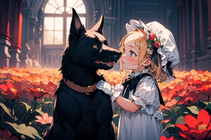 absurdres , highres, ultra detailed, (child 1girl:1.3) (leaning oversized animal 1dog:1.2), BREAK, a minigirl, blonde hair, clear blue eyes, french braid, parted bangs, forehead, rococo white dress, silk gloves, bonnet, BREAK, a black dog, yellow eyes, Decorated, head wreath, looking at another, BREAK, flower field, BREAK, <lora:add_detail:0.4>, <lora:Silicon-landscape-isolation:1>, <lora:GoodHands-vanilla:1>,
