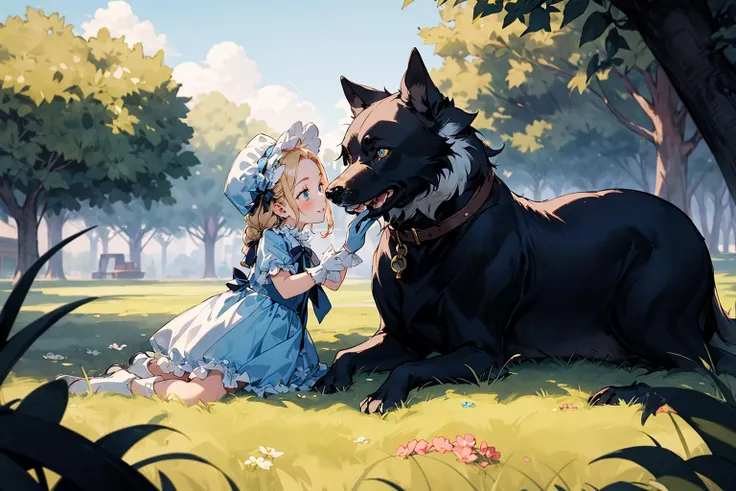 absurdres , highres, ultra detailed, (child 1girl:1.3) (leaning oversized animal 1dog:1.2), BREAK, a minigirl, blonde hair, clear blue eyes, french braid, parted bangs, forehead, rococo dress, silk gloves, bonnet, BREAK, a black dog, yellow eyes, Decorated, BREAK, lawn, BREAK, <lora:add_detail:0.4>, <lora:Silicon-landscape-isolation:1>, <lora:GoodHands-vanilla:1>,
