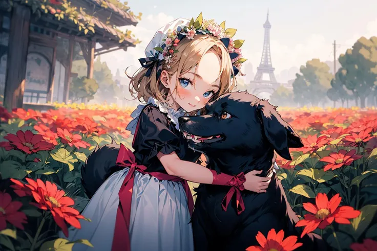 absurdres , highres, ultra detailed, (child 1girl:1.3) (leaning oversized animal 1dog:1.2), BREAK, a minigirl, blonde hair, clear blue eyes, french braid, parted bangs, forehead, rococo white dress, silk gloves, bonnet, BREAK, a black dog, yellow eyes, Decorated, head wreath, looking at another, BREAK, flower field, BREAK, <lora:add_detail:0.4>, <lora:Silicon-landscape-isolation:1>, <lora:GoodHands-vanilla:1>,