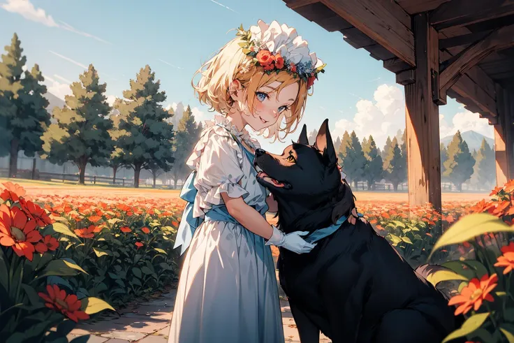 absurdres , highres, ultra detailed, (child 1girl:1.3) (leaning oversized animal 1dog:1.2), BREAK, a minigirl, blonde hair, clear blue eyes, french braid, parted bangs, forehead, rococo white dress, silk gloves, bonnet, BREAK, a black dog, yellow eyes, Decorated, head wreath, looking at another, BREAK, flower field, BREAK, <lora:add_detail:0.4>, <lora:Silicon-landscape-isolation:1>, <lora:GoodHands-vanilla:1>,